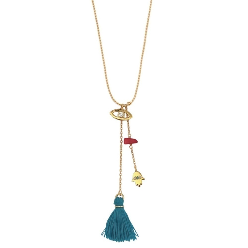 DOLCE VETRA • Evil Eye Turquoise Tassel Fringe Necklace - Picture 3 of 4